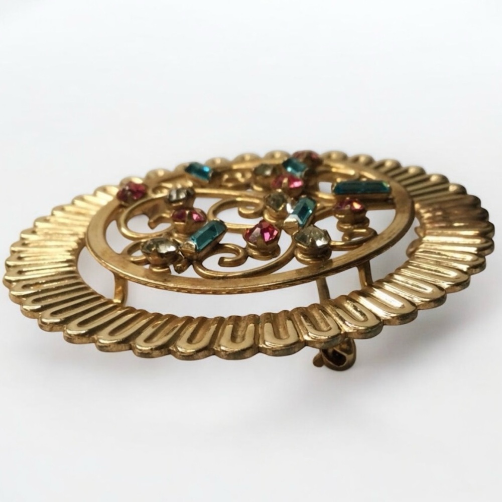 Vtg REGEL 1/20 12K Gold-Filled Filigree Brooch - Multicolor Rhinestones - Rare - Picture 3 of 11